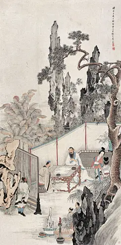 苏六朋——《蕉园对弈图》欣赏  |  
苏六朋(1791—1862)，广东顺德人。字枕琴，号怎道人、怎叔、南水村佬、南溪渔隐、浮山樵者、石楼吟叟、南水人、南水渔郎、浮山山人、浮山七十二洞天樵子等。中国清代画家。能书隶草行多种字体;能画山水人物花鸟。宗法赵子昂、唐伯虎、仇十渊、吴伟、黄慎，又亲得罗浮山僧德坤的真传，画技娴熟高超，既能作端秀精细的工笔画，也能作粗毫写意的简笔画。尤善画人物，绘写了不少盲公、卖艺人等市井人物，是广东画坛上独树一帜的画家。