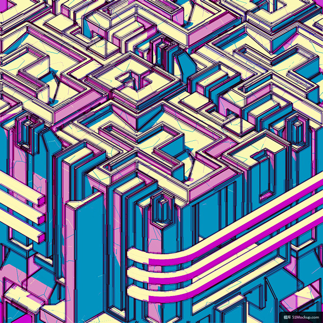 立体空间建筑外框密集排布C4D场景模型模...