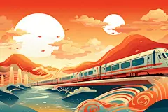 铁路铁轨国潮春运喜庆火车插画