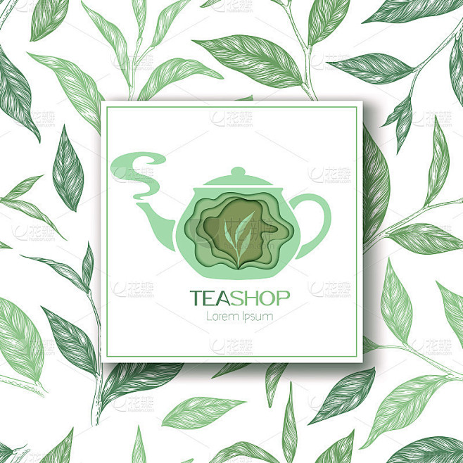 矢量插图与绿色手绘茶叶图案和茶壶标志孤立...