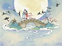 中国戏曲黄梅戏之古代浪漫爱情故事天仙配牛郎织女插画素材。图片下载