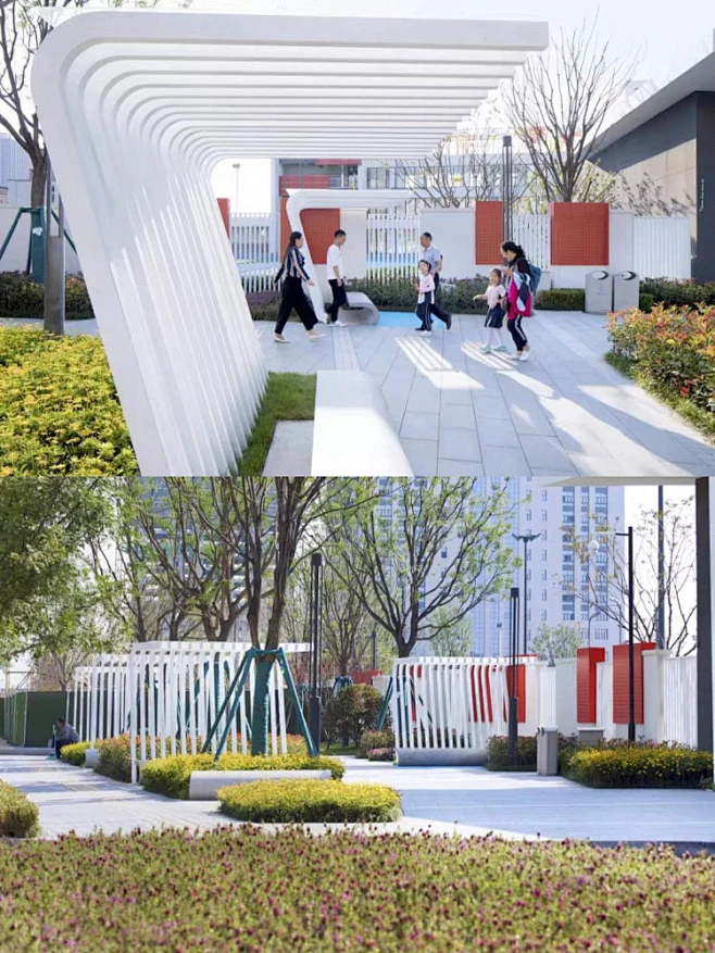 西安立德思小学景观设计 孩子们的接送也关乎校园安全性，我们在校园外主入口两侧设置了家长等候区，结合风雨廊架与庭荫树国槐，提供舒适的家长接送环境 ...