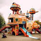 vibrant AI series conceives children's playgrounds as spaceships, boats, and zeppelins