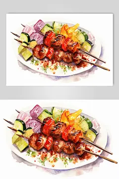 AI数字艺术手绘烤肉烤串烧烤插画-众图网