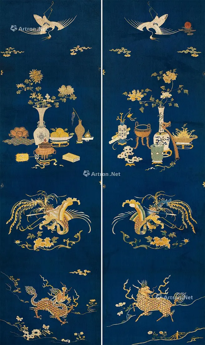 【清雍正 石青地刺绣灵兽博古纹椅披 （一对）】拍卖品_图片_价格_鉴赏_工艺品其它_雅昌艺术品拍卖网-花瓣网