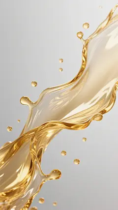 一张高品质摄影风格的海报，主体是一道动态的金色液体飞溅形态，液体呈现出透明感与金色光泽的完美结合，表面有细腻的高光反射和流动的纹理，飞溅的形态自然优美，带有多个大小不一、晶莹剔透的金色液滴悬浮在周围。背景为纯净的浅灰色渐变，简洁干净，突出主体液体的视觉效果。整体画面光影柔和，光线从上方照射，在液体表面形成明亮的高光和自然的阴影过渡，营造出高端、纯净、富有动感的氛围。视觉层级清晰，主体液体飞溅位于画面中央偏右位置，占据主要视觉空间，背景的简洁处理确保了主体信息的高效传达，符合追求简约与精致感的设计需求。