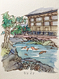 #水彩手绘# 日本庭院。再来次九图✧⁺⸜(●˙▾˙●)⸝⁺✧ 虽然不是平时的写实风，偶尔换种玩玩嘛~ （作者：  1080pZy君） ​ ​​​​