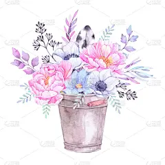 水彩插图。带有花卉元素的桶。花束有牡丹，银莲花，蓝色的花，叶和枝。完美的婚礼邀请，贺卡，打印或海报。