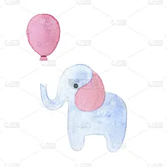 水彩手画可爱的蓝色和粉红色的卡通大象与气球孤立在白色的背景