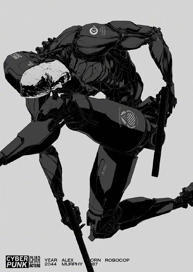漫威魅影：赛博朋克风人物插画设定，黑白色...
