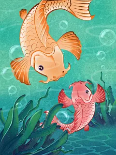 清新绿黄红色高端大气创意锦鲤插画