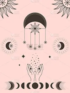 手绘神秘的太阳与女人的脸，月亮，手，星星在线条艺术。精神象征天国。魔法护身符，古董风格，波西米亚风格