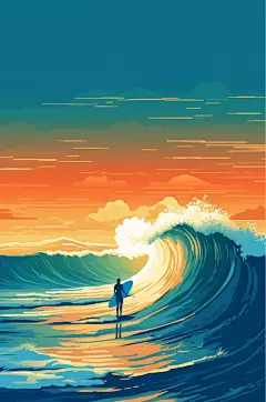 AI数字艺术创意手绘夏季海滩冲浪运动插画