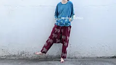 酒红色棉麻白线手工刺子绣花SASHIKO猫 宽松大裆裤 全球包邮-淘宝网