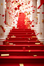 Confetti flowing down the stairs inside a red box, in the style of luxurious interiors, white and gold, piles/stacks, clean and simple designs, decorative borders, wrapped, felt creations