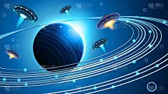外星人飞碟在黑暗空间行星背景梯度不明飞行物不明飞行物恒星矢量设计风格