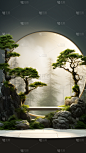 通用电商传统中国风中式自然山树风景圆形展台场景背景