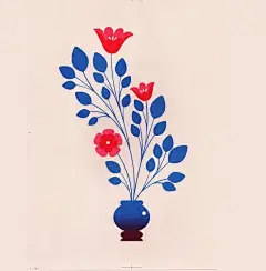 This may contain: a blue vase filled with red flowers on top of a white wall