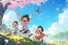 晴天春游蓝天秋游奔跑孩子插画图片