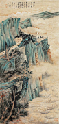 張大千 - 山水 (鏡芯)                           紙本。規格：163×76cm。                  款識：「癸未八月，張大千爰于大風堂下 」钤印：大千、大風堂。         Zhang Daqian, (1899 -1983 )