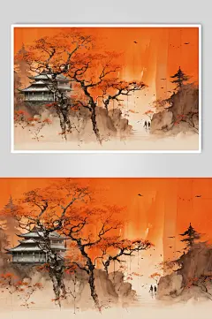 AI数字艺术水墨风秋天秋季自然风景插画-众图网