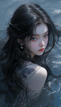 弈信ai图图：ai绘画（出水芙蓉清水寒）咒语分享:a beautiful chinese girl with long hair in the water, in the style of darkly romantic illustrations, shiny/glossy, shilin huang, light black, elegant, emotive faces, hyper-realistic pop, aurorapunk   --ar 9:16#ai绘画生成 #二次元原创 #禁欲系 #
