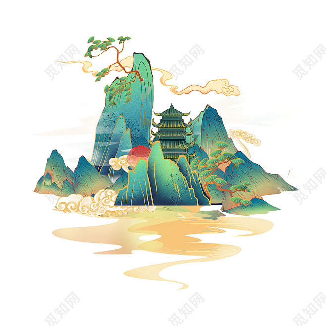 绿色手绘国潮古风中国风山水山云祥云仙鹤建...