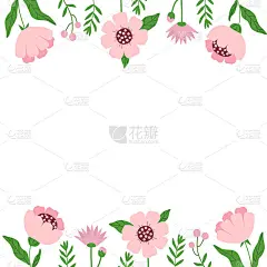 弹簧框架与花和树枝与空间的文本在中心。简单的植物，儿童绘画模板，明信片，传单和设计，矢量