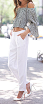 Off shoulder top & slim trousers: