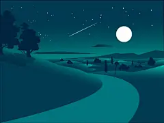 满月的夜晚，沙漠中的道路矢量图设计素材
