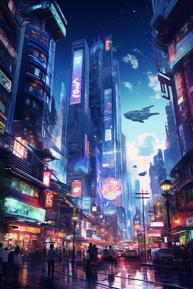 AI数字艺术赛博朋克风都市城市街景插画