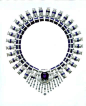 Platinum sapphire and diamond Art Deco necklaces was createdby Cartier for Majorie Merriweather Post and is a perfect example ofthis style.  With a huge and perfect blue sapphire in the center ofthis neckpiece with pave set diamond and sapphire bar shaped