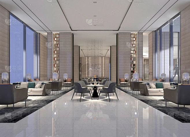 豪华酒店大堂和前台的3D渲染素材-花瓣网