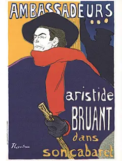 Aristide Bruant是19世纪晚期巴黎著名的歌厅歌手，喜剧演员和夜总会老板。 法国朱明画家Henri de Toulouse-Lautrec于1866年在大使馆创作了这张海报，宣传他的咖啡馆。 简单的轮廓线条搭配纯色块组成的海报对于后来的设计师的创作影响甚远。