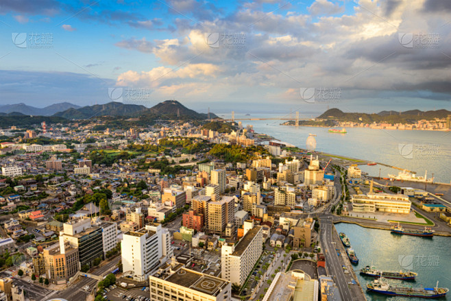 城市天际线,日本,下关,山口县,水平画幅,夜晚,无人,户外,滨水,都市风景