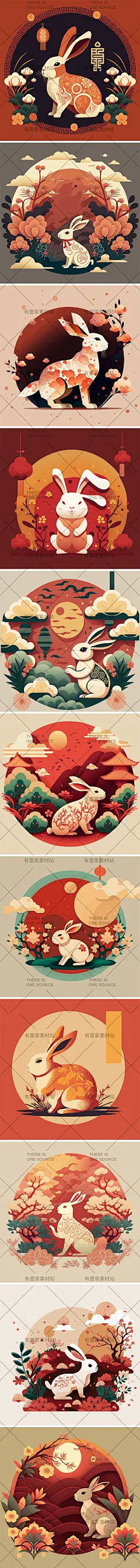 手绘国潮风中国新年春节兔子生肖兔兔年装饰插画背景AI设计素材-淘宝网