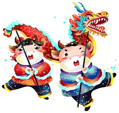 传统毛笔字手写新年可爱的小牛舞龙