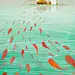 中国风 创意插画金鱼海报 池塘垂钓 锦鲤 红鲤鱼 钓鱼翁 垂钓 蓑衣 钓鱼竿 草船 竹筏 山水画 #卡通# #动漫# #插画# #手绘# #动画# #卡通海报# #插画设计# #海报# #H5# #启动页# #引导页#