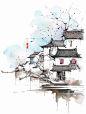 中国写意江南水乡诗情画意，纸上水墨海报