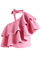 Ritzy One-shoulder Ruffled Crop Top in Pink : - Oblique neckline 
- Self-tie choker on neckline
- Tiered ruffles trimming
- Concealed side zip closure
- Lined 
- 100% Polyester
- Hand wash cold

Size(cm)Length  Bust  Waist
XS                44       80   