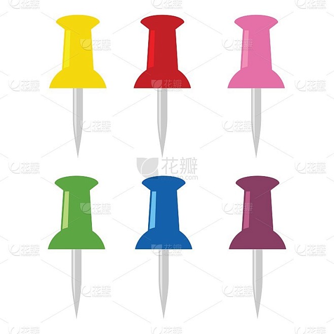 Push pin icon set。推针标志隔离在白色背景，矢量插图