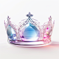 Princess crown, on a white background, three-dimensional, silhouette, smooth glass thickness, transparent, pink and white and blue holographic, smooth colorful background, film lights, rendering, 4K seed 1849099707