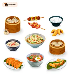 矢量美食插画素材  - 源文件下载【酷图网】美食,手绘美食,美食插画,小笼包,烤串,肉串,烧烤,米饭,煎饺,三鲜面,中式美食,中式美食插画,佳肴,炒菜,汤羹,汤