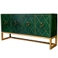 Tommi Parzinger Leather Credenza with Brass Handles  USA  c. 1950s  A rare Tommi Parzinger cabinet for Charak Modern c. 1950s. Completely covered in deep green leather, with gold details, amazing round brass door knocker pulls, sits and connected to a lig