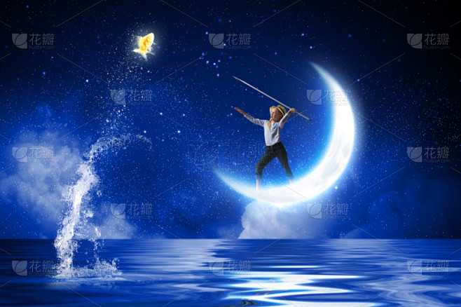 儿童,渔夫,鱼叉,水平画幅,夜晚,户外,...