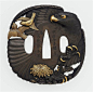 Eagle & Sparrow Tsuba, Unno Moritoshi 1883 - Made of: Shibuichi, gold and shakudo: 