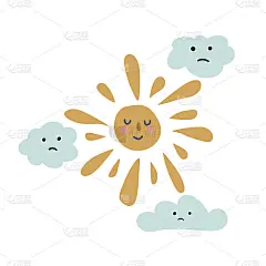 为婴儿手绘的太阳和云彩。可爱的儿童房设计元素