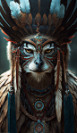 Shaman owl portrait, light rays, facepaint, detailed, digital photography,
