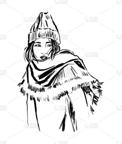 美丽的女人向量时尚素描。年轻女孩的脸肖像手绘。