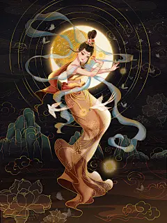 敦煌风壁纸敦煌飞天壁画复古国潮中国风插画